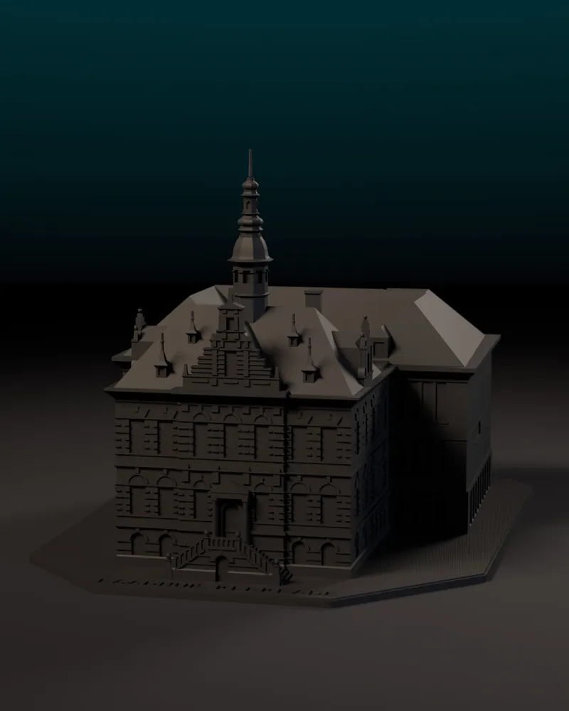 Het model van het Raadhuis Kerkrade in mat zwart in een donkere studio